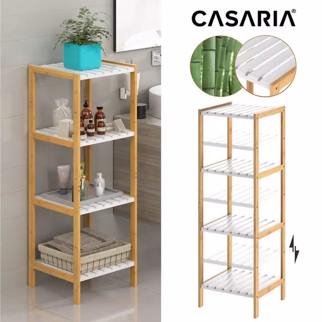 Regał łazienkowy stojący Casaria® bambusowy z 4 półkami, biały, Wysokość: 110 cm, Szerokość: 33 cm, Głębokość: 34 cm