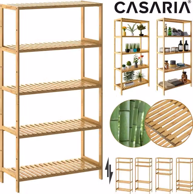 Regał łazienkowy CASARIA z 5 regulowanymi półkami, bambusowy, brązowo-beżowy, W: 130 cm, S: 60 cm, G: 26 cm