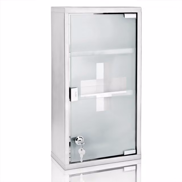 Duża szafka na leki Deuba z kluczem i szklanymi drzwiami, srebrna, montowana na ścianę, W x S x G: 30 x 30 x 12 cm