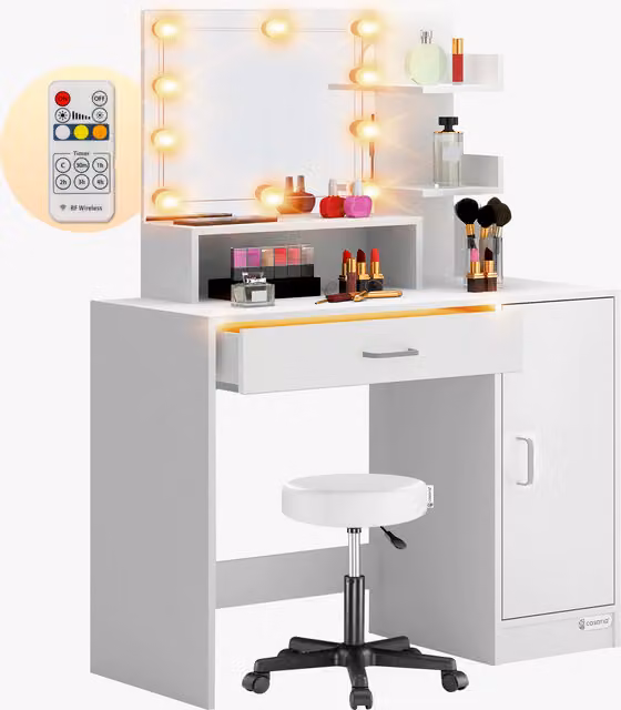 Toaletka CASARIA Jocelyn White z oświetleniem LED i taboretem na kółkach W: 140 cm, G: 40 cm, H: 90 cm